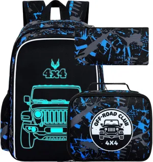 UFNDC 3PCS Boys Truck Backpack, Kids Camouflage Bookbag with Lunch Box, 17" Water Resistant Teen Travel School Bag for Middle Elementary