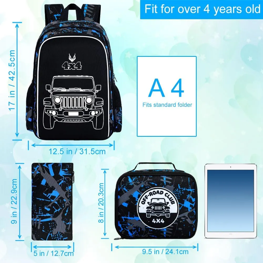 UFNDC 3PCS Boys Truck Backpack, Kids Camouflage Bookbag with Lunch Box, 17" Water Resistant Teen Travel School Bag for Middle Elementary