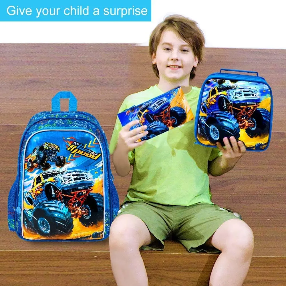UFNDC 3PCS Boys Truck Backpack, Kids Car Bookbag with Lunch Box, Water Resistant School Bag for Elementary Preschool Toddler