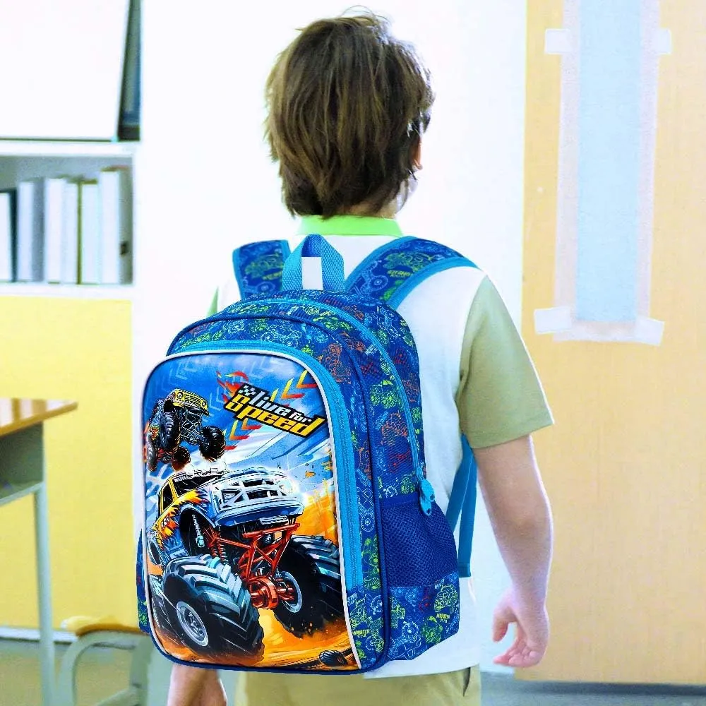UFNDC 3PCS Boys Truck Backpack, Kids Car Bookbag with Lunch Box, Water Resistant School Bag for Elementary Preschool Toddler