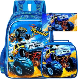 UFNDC 3PCS Boys Truck Backpack, Kids Car Bookbag with Lunch Box, Water Resistant School Bag for Elementary Preschool Toddler