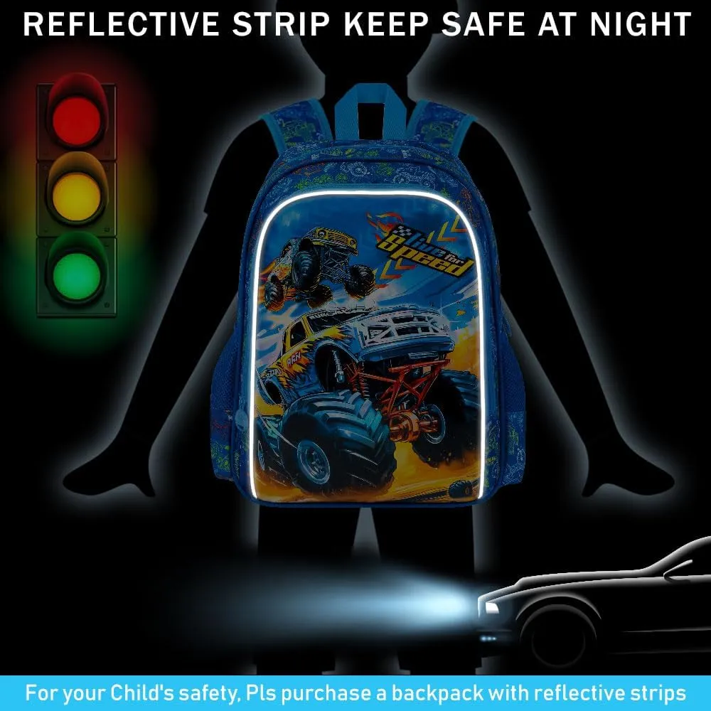 UFNDC 3PCS Boys Truck Backpack, Kids Car Bookbag with Lunch Box, Water Resistant School Bag for Elementary Preschool Toddler