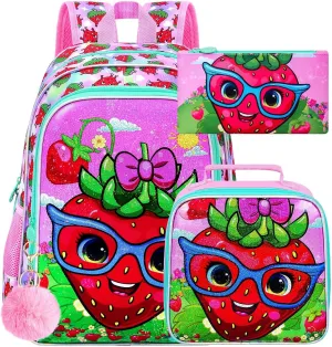 UFNDC 3PCS Girls Backpack, 16" Kids Bookbag with Lunch Box, Water Resistant School Bag for Elementary Preschool Toddler