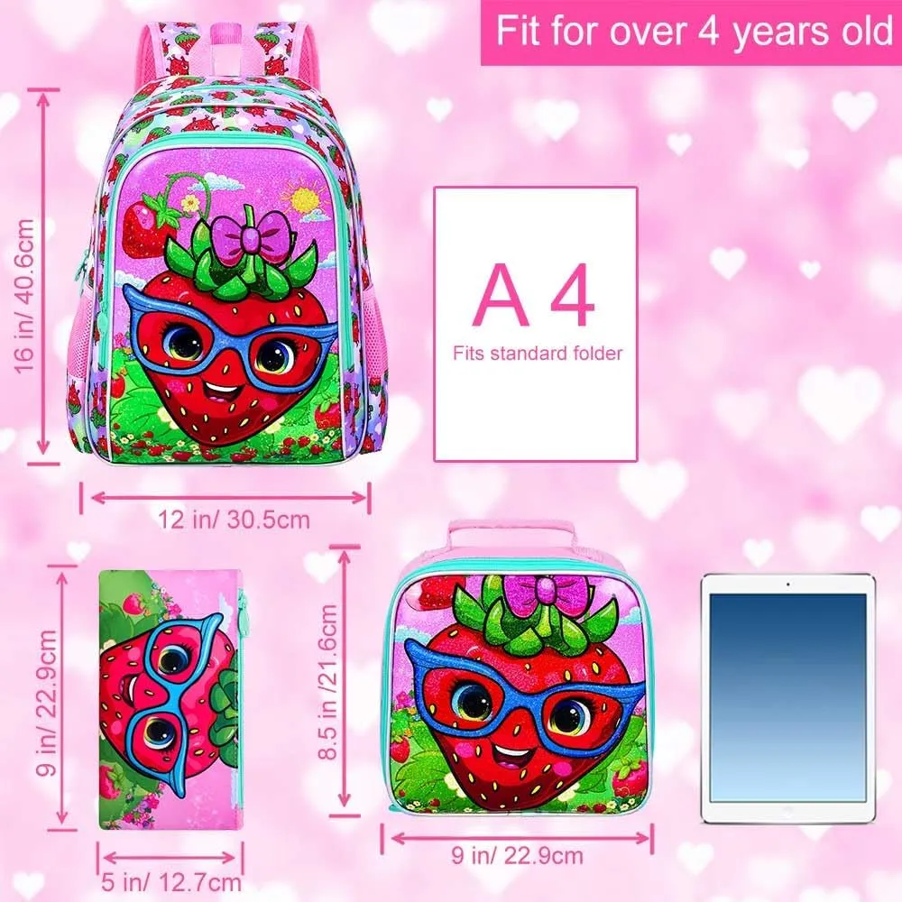 UFNDC 3PCS Girls Backpack, 16" Kids Bookbag with Lunch Box, Water Resistant School Bag for Elementary Preschool Toddler