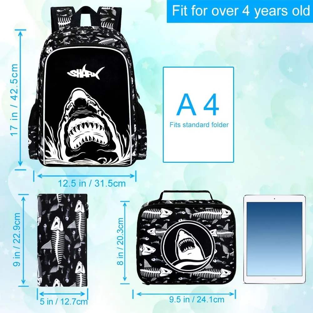 UFNDC 3PCS Shark Bookbag for Boys, Kids Camouflage Bookbag with Lunch Box, 17" Water Resistant Teen Travel School Bag for Middle Elementary