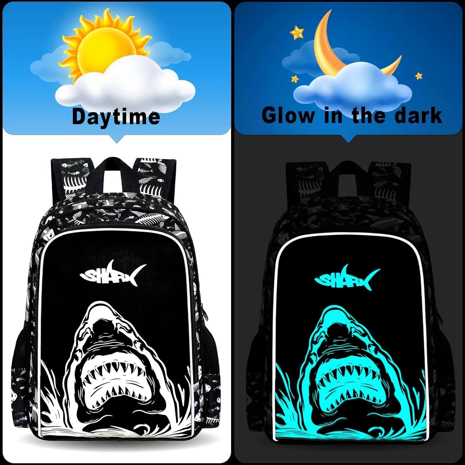 UFNDC 3PCS Shark Bookbag for Boys, Kids Camouflage Bookbag with Lunch Box, 17" Water Resistant Teen Travel School Bag for Middle Elementary