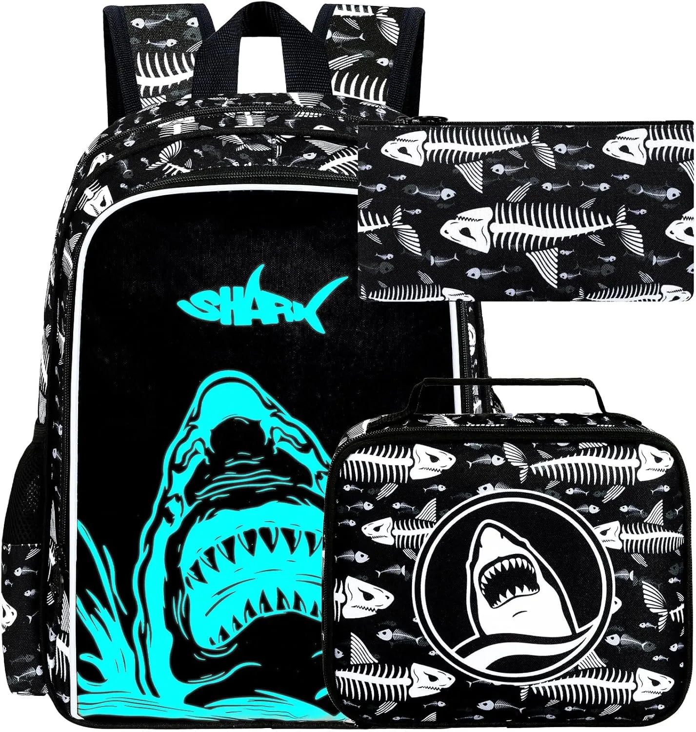 UFNDC 3PCS Shark Bookbag for Boys, Kids Camouflage Bookbag with Lunch Box, 17" Water Resistant Teen Travel School Bag for Middle Elementary