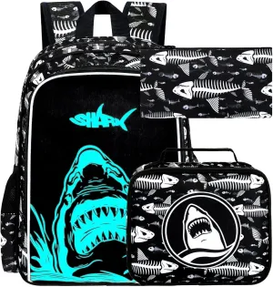 UFNDC 3PCS Shark Bookbag for Boys, Kids Camouflage Bookbag with Lunch Box, 17" Water Resistant Teen Travel School Bag for Middle Elementary