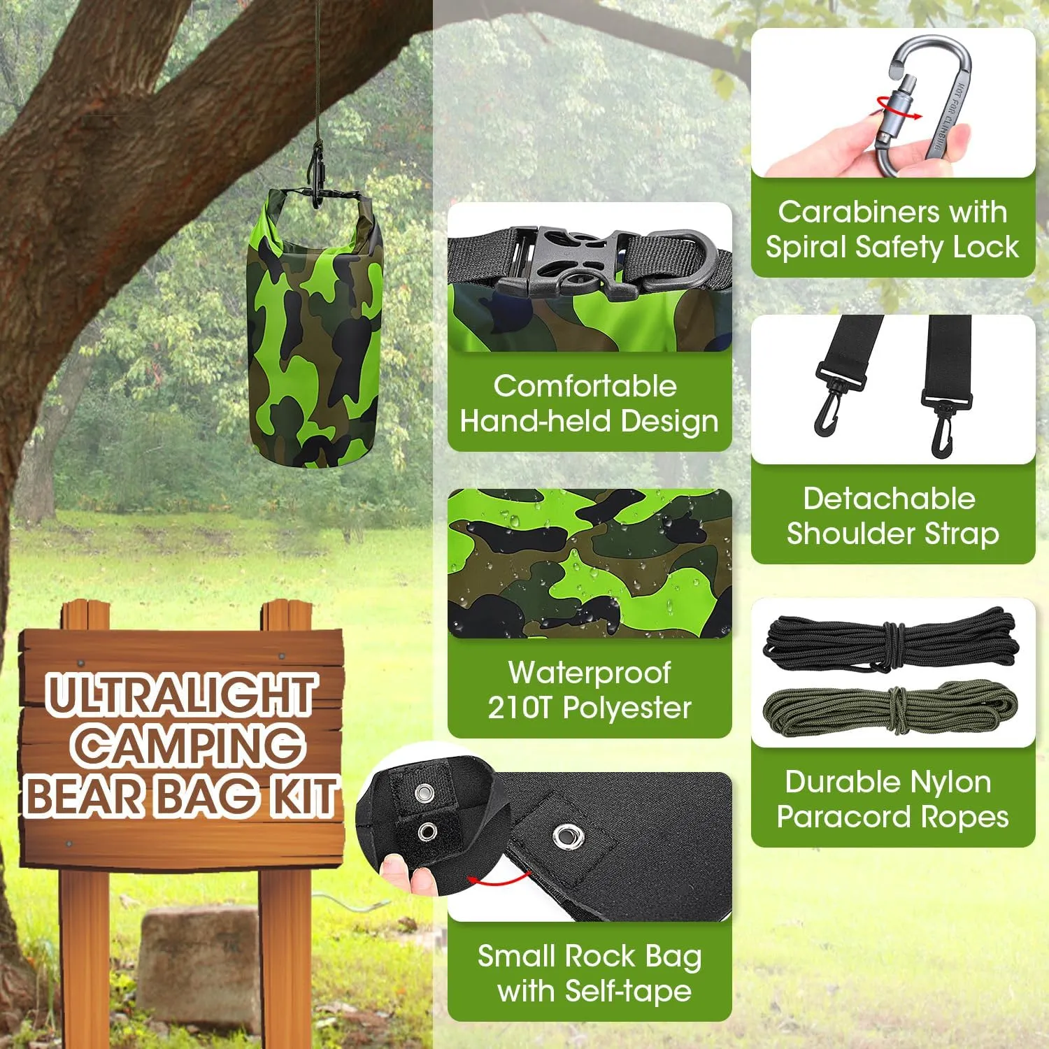 Ultralight Bear Food Bag Hanging System,10L Waterproof Camping Bear Proof Food Storage Bags Bear Canister Gear Kit for Backpacking Safety Survival Bear Protection Bag with Pulley System-Green