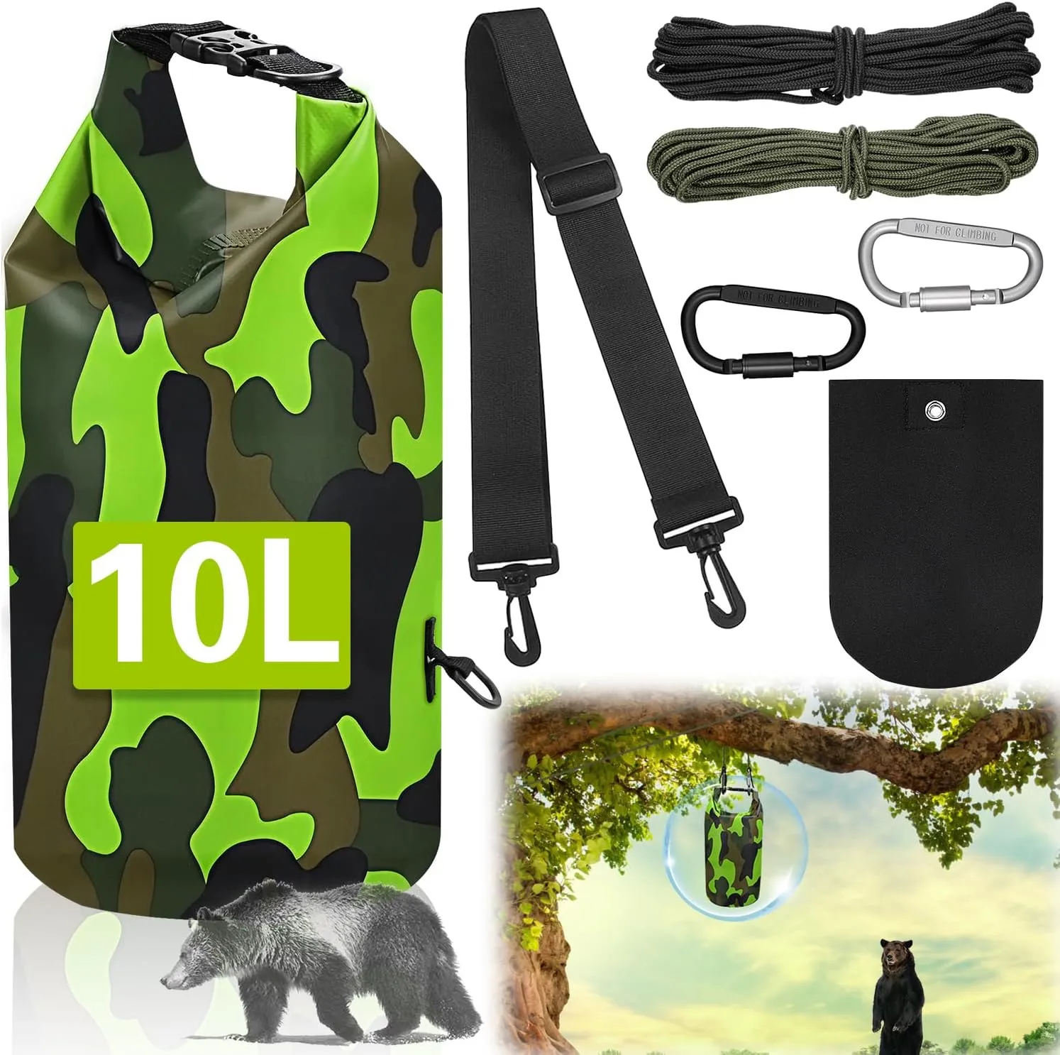 Ultralight Bear Food Bag Hanging System,10L Waterproof Camping Bear Proof Food Storage Bags Bear Canister Gear Kit for Backpacking Safety Survival Bear Protection Bag with Pulley System-Green