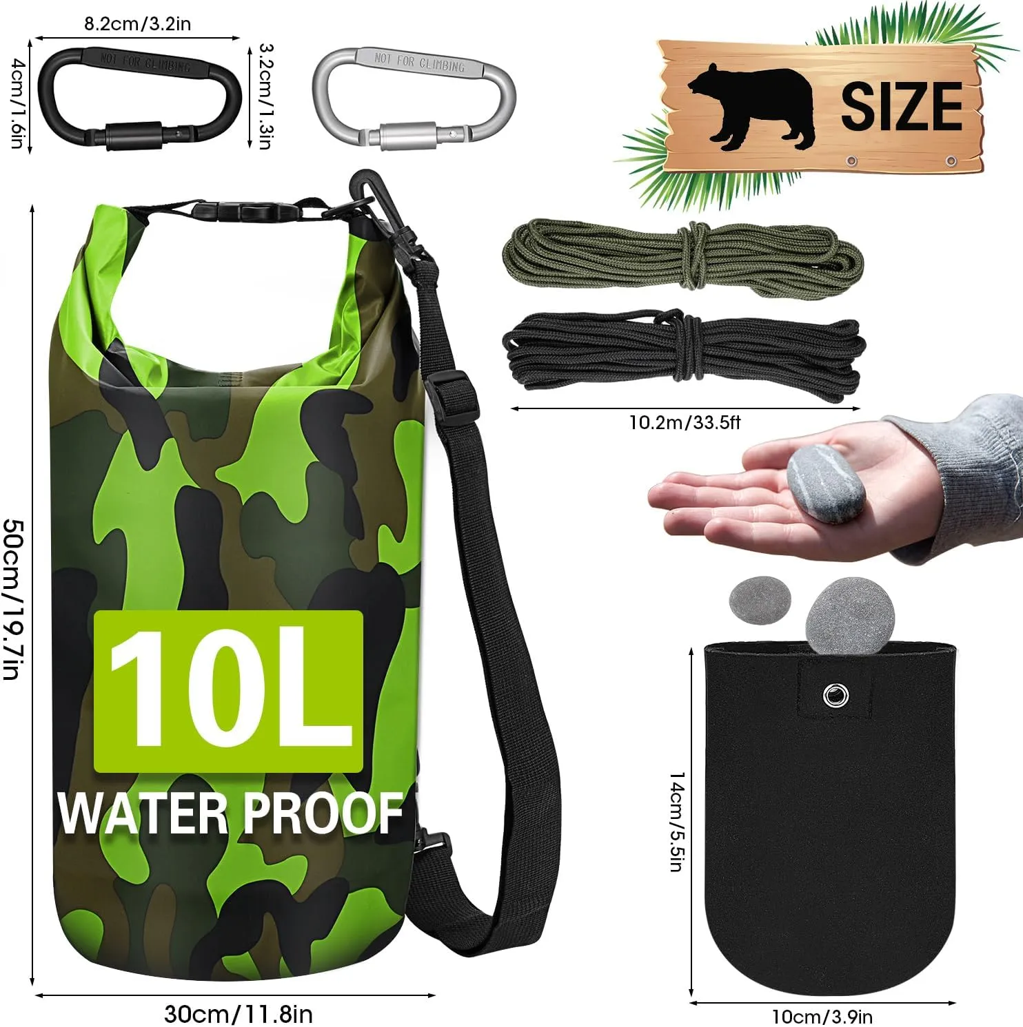 Ultralight Bear Food Bag Hanging System,10L Waterproof Camping Bear Proof Food Storage Bags Bear Canister Gear Kit for Backpacking Safety Survival Bear Protection Bag with Pulley System-Green