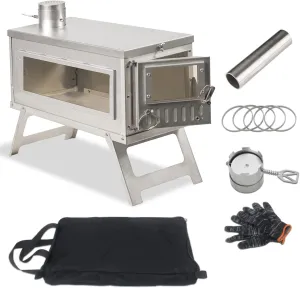 Ultralight Camping Stove Portable Wood Burning Stove for Tent, Camping, Outdoor Cooking, Hunting, Ice Fishing, 16.6 IN Outdoor Wood Stove with 8.2ft Foldable Chimney and Clear Glass
