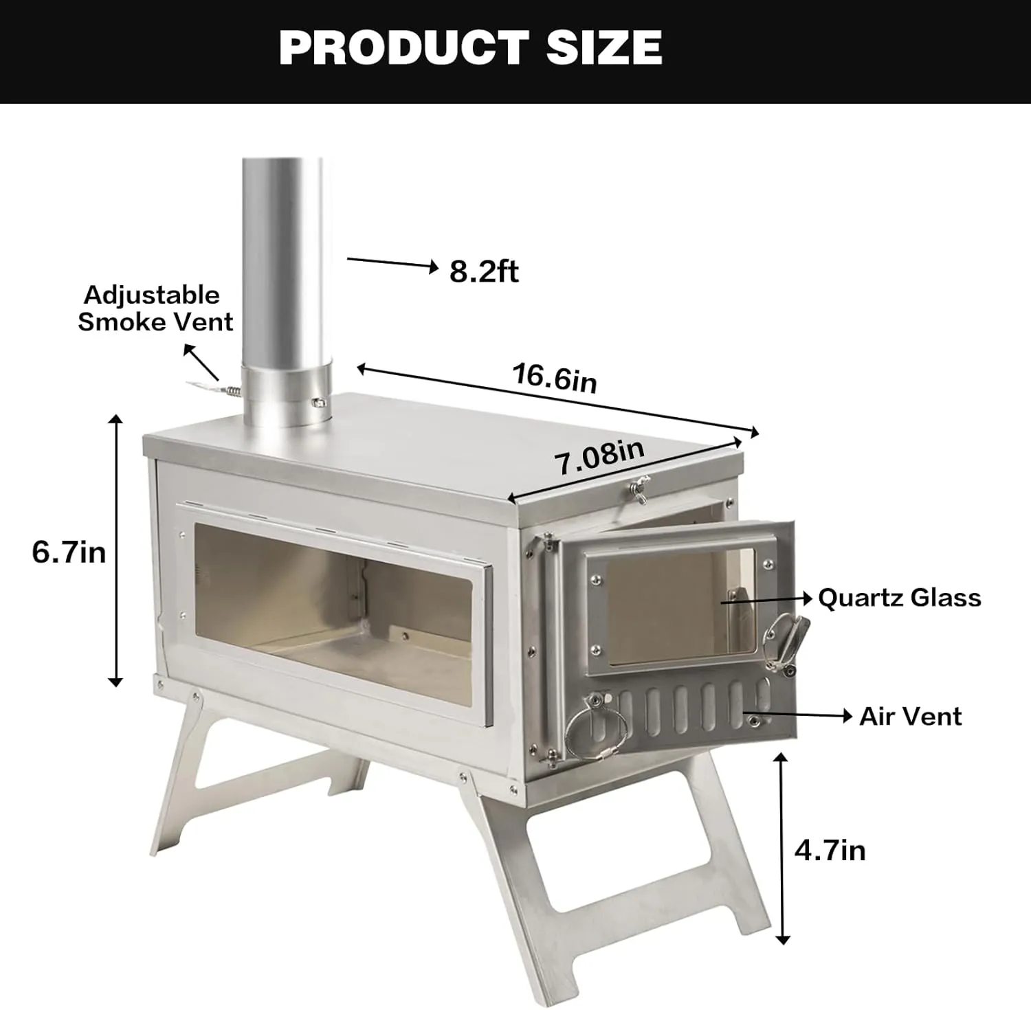 Ultralight Camping Stove Portable Wood Burning Stove for Tent, Camping, Outdoor Cooking, Hunting, Ice Fishing, 16.6 IN Outdoor Wood Stove with 8.2ft Foldable Chimney and Clear Glass
