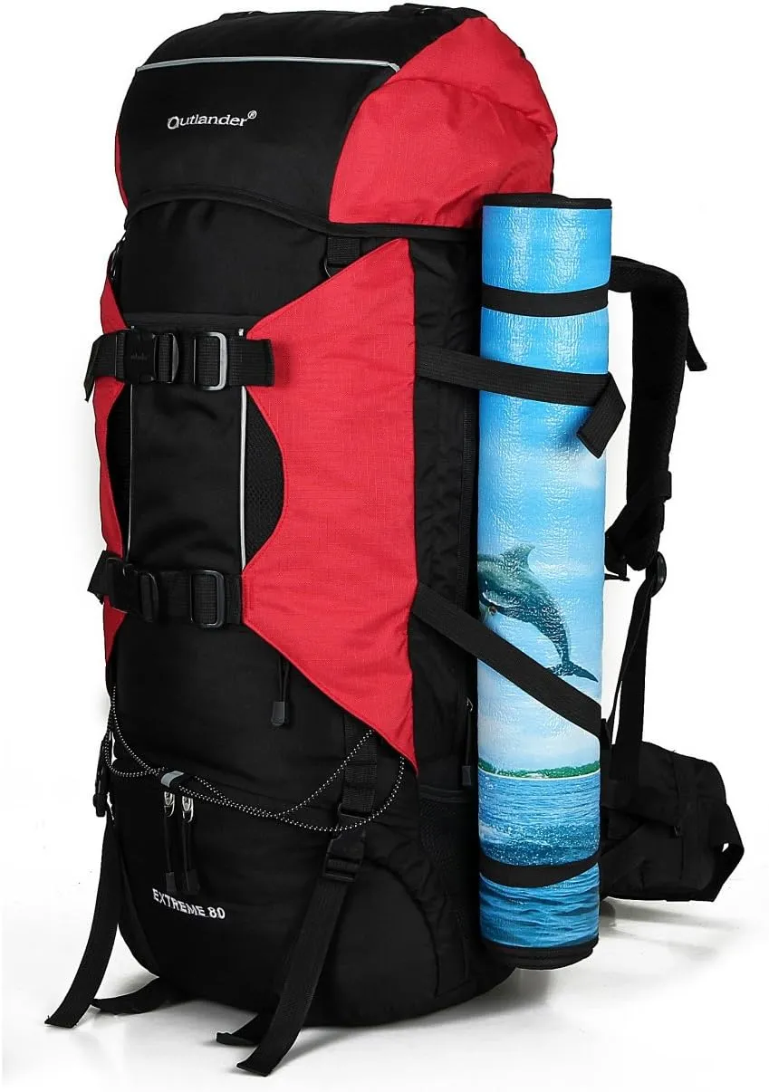 UNISTRENGH 80L Internal Frame Backpack Hiking Camping Backpacking Water Resistant Pack Trekking Bag with RainCover (Red)