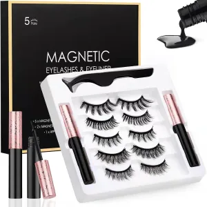 Upgraded Magnetic Eyelashes with Eyeliner kit, Magnetic Eyeliner with Reusable False Lashes, Natural look, Tweezer and 5 pairs eyeliner, no glue needed