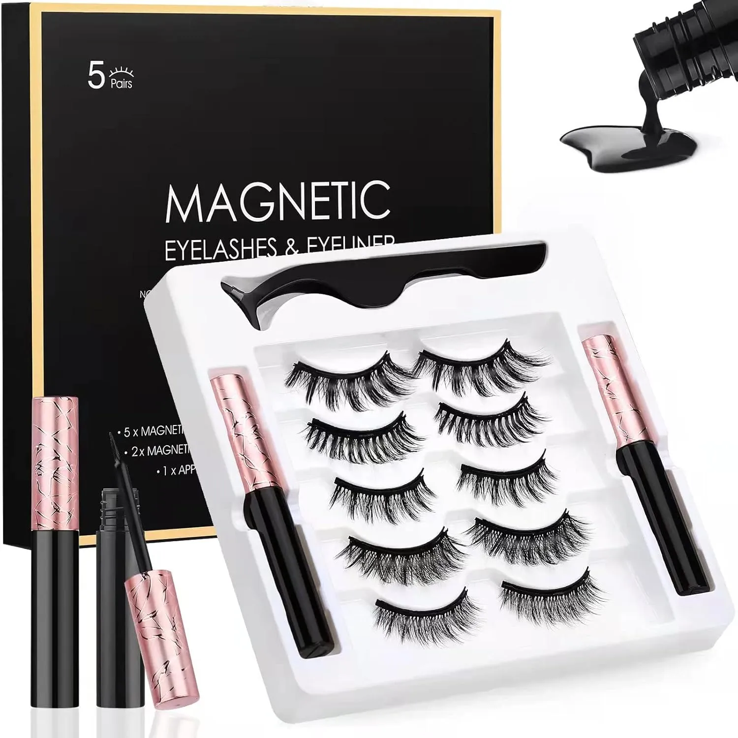 Upgraded Magnetic Eyelashes with Eyeliner kit, Magnetic Eyeliner with Reusable False Lashes, Natural look, Tweezer and 5 pairs eyeliner, no glue needed