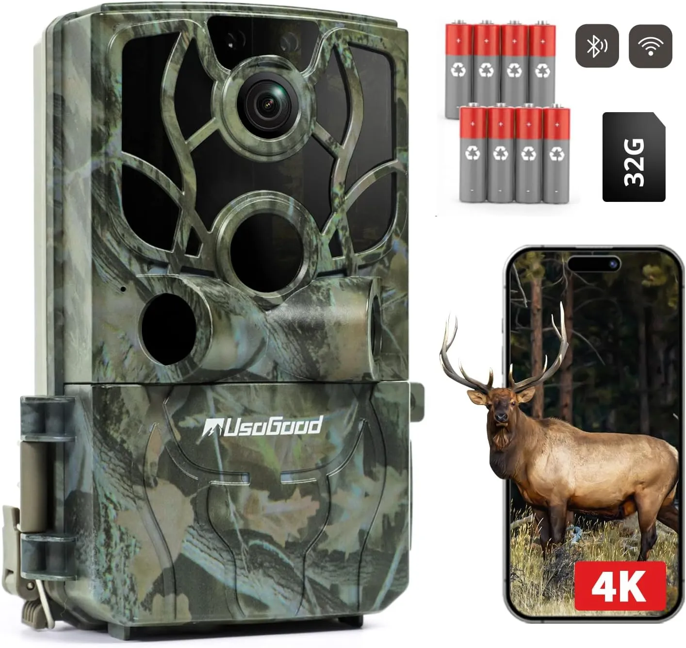 usogood Trail Camera 4K 48MP Game Camera with 8 Batteries 32GB Card,WiFi Bluetooth Connection,Trail Cameras with Night Vison Motion Activated Waterproof for Deer/Hunting/Wildlife Monitoring