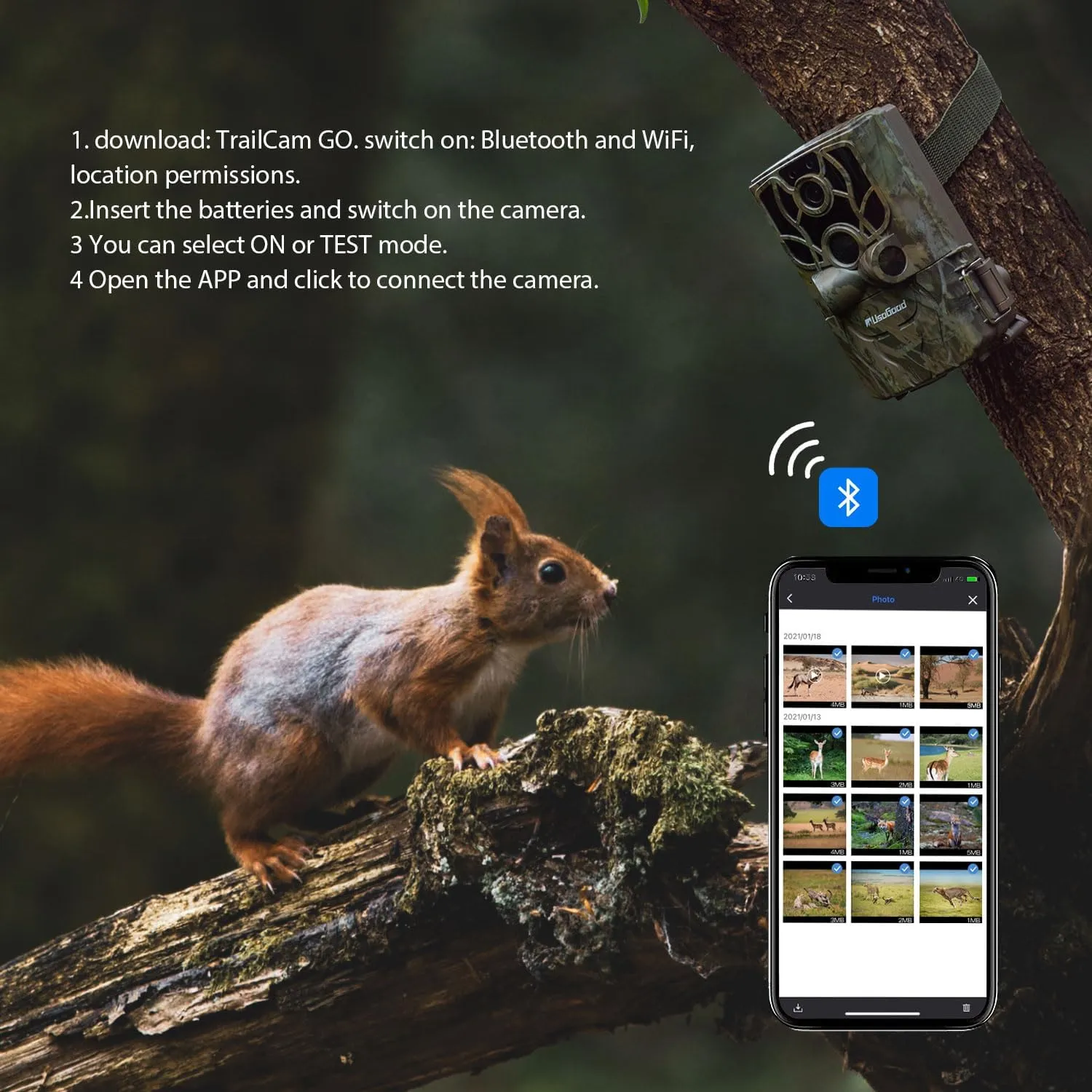 usogood Trail Camera 4K 48MP Game Camera with 8 Batteries 32GB Card,WiFi Bluetooth Connection,Trail Cameras with Night Vison Motion Activated Waterproof for Deer/Hunting/Wildlife Monitoring