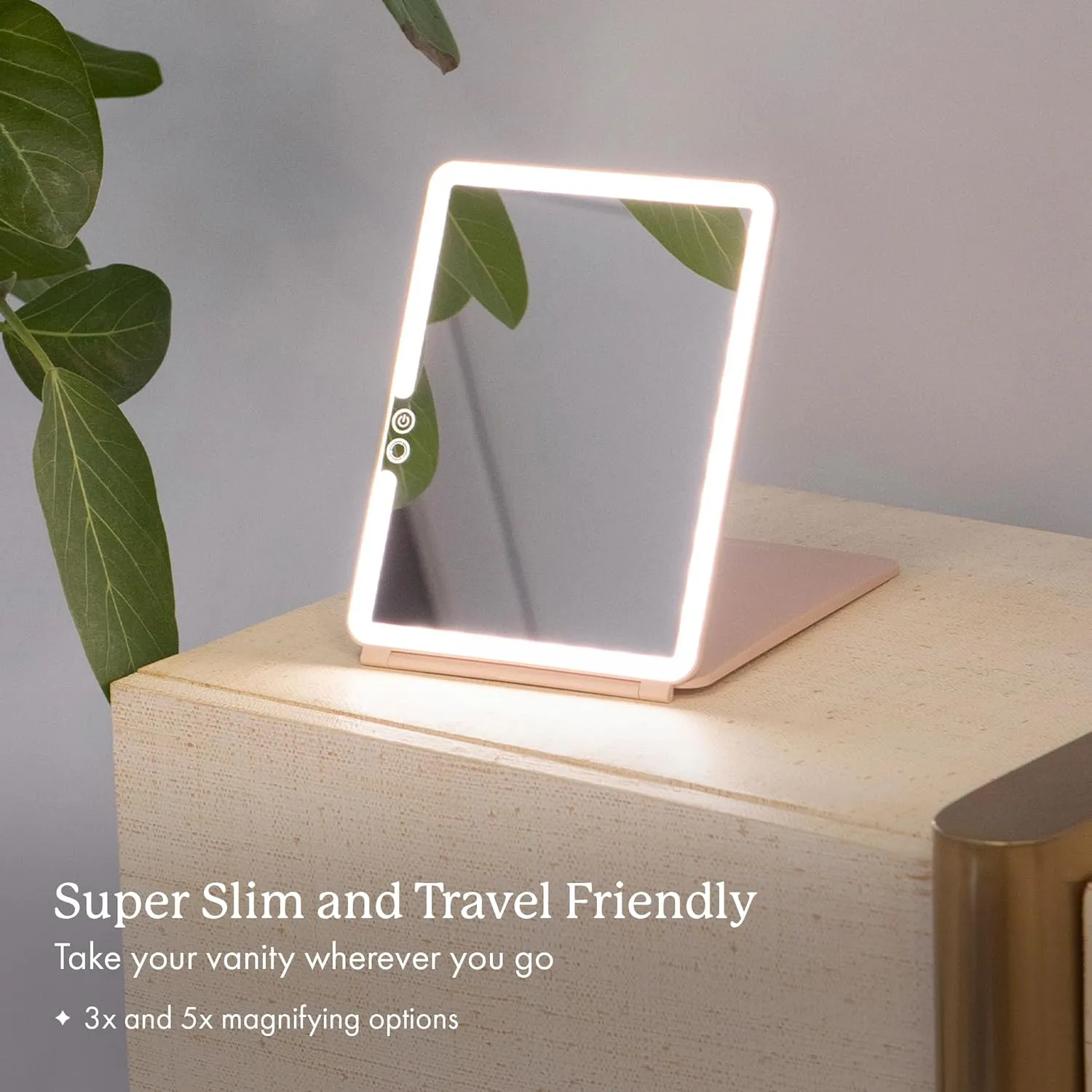 Vanity Planet Handheld Makeup Mirror with Lights, Pose 2.0 (Blush) - Light Up Travel LED Mirror with 3X & 5X Magnification - Dimmable Lighting & Micro-USB Rechargeable Lighted Compact Mirror