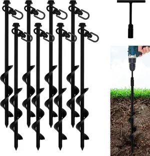 VASGOR 16” Ground Anchors (8pcs) Easy to Use with Drill, Heavy Duty Anchor Hook for Camping Tent, Canopies, Car Ports, Sheds, Swing Sets, Securing Animals – Black Powder Coated