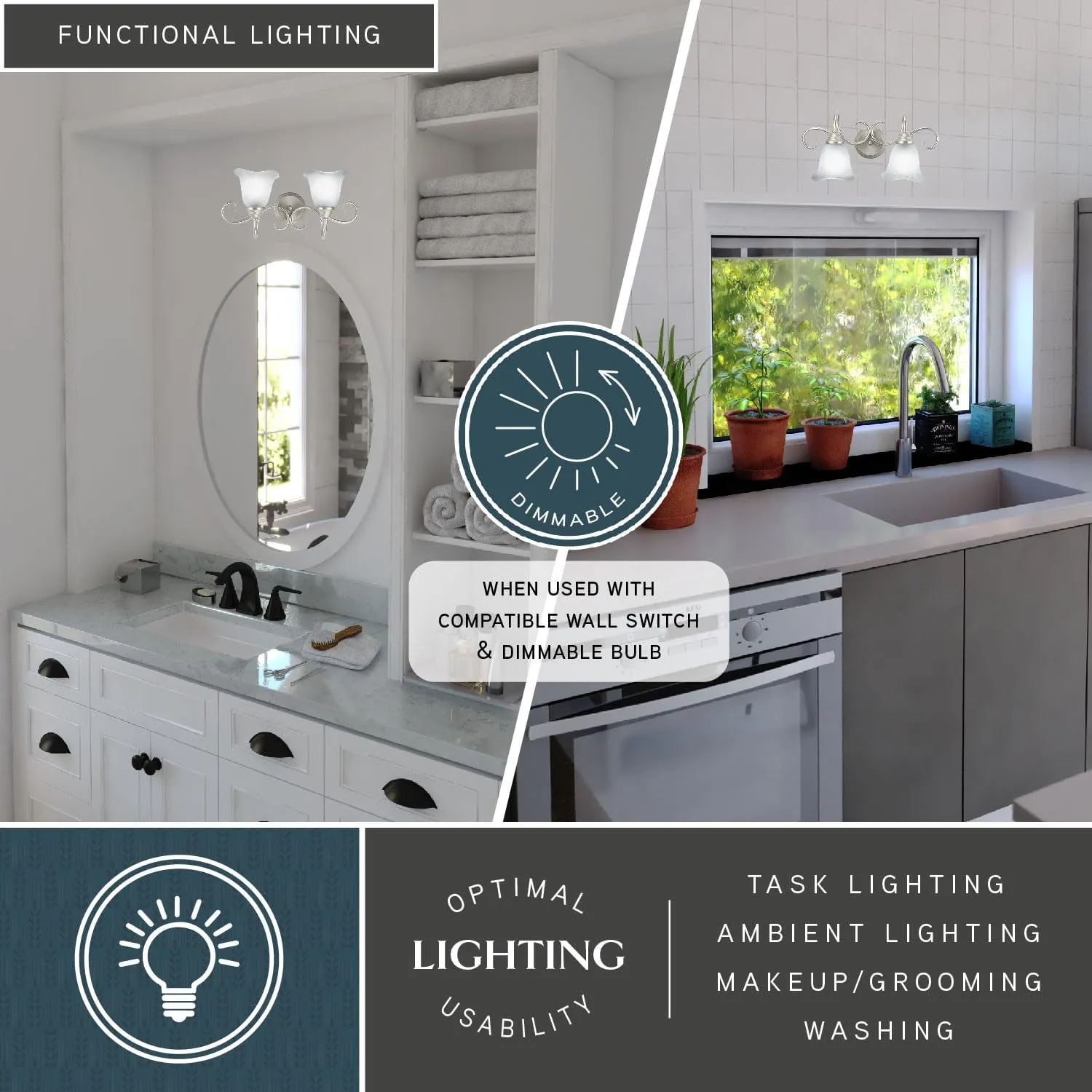 VAXCEL Bella 2 Light Bathroom Vanity Fixture, Brushed Nickel Finish, Transitional Over Mirror Lighting, Easy Installation