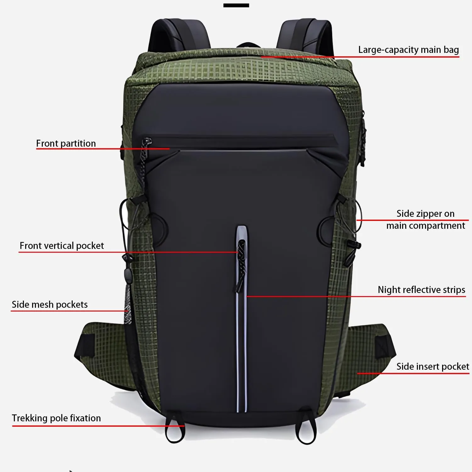 Vellyhiker 40L Hiking Backpack for Outdoor Camping Reflective Cycling Daypack Ultralight Outdoor Camping Travel Daypack (Army Green)
