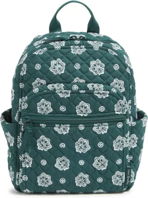 Vera Bradley Premium Cotton Small Backpack, Gotham Green and White Bandana Paisley