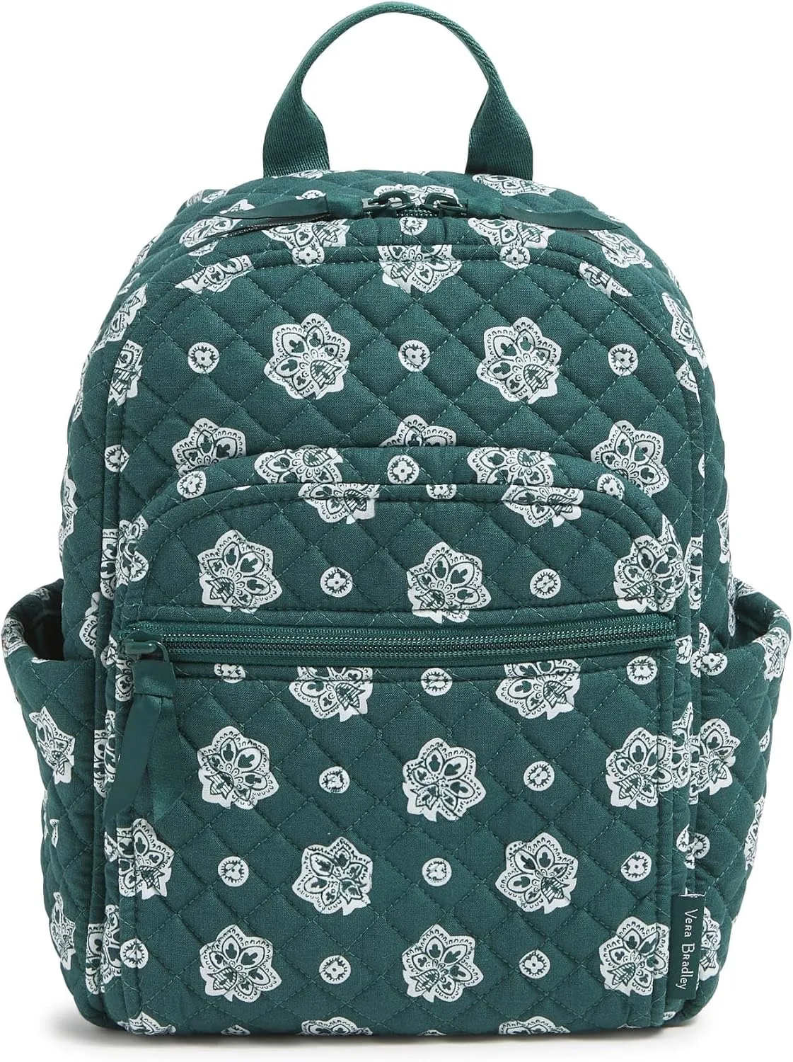 Vera Bradley Premium Cotton Small Backpack, Gotham Green and White Bandana Paisley