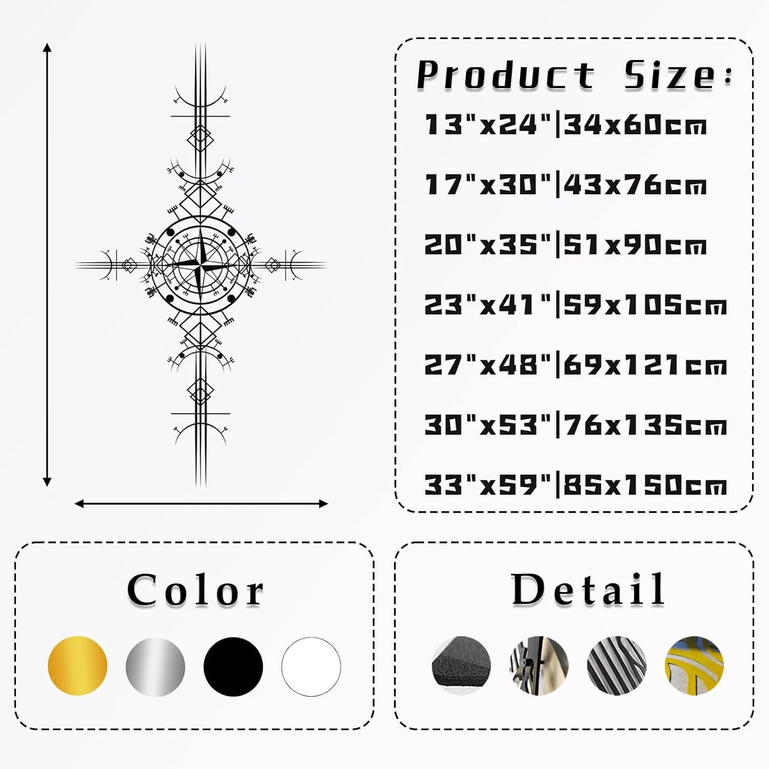 Viking Vegvisir Metal Wall Art, Viking Metal Wall Decor, Viking Symbol Metal Wall Hanging, Nautical Compass Metal Wall Art, Metal Compass Wall Decor, Icelandic Art, Old Norse Sign, Home Decor (33"x59"|85x150cm, Black)