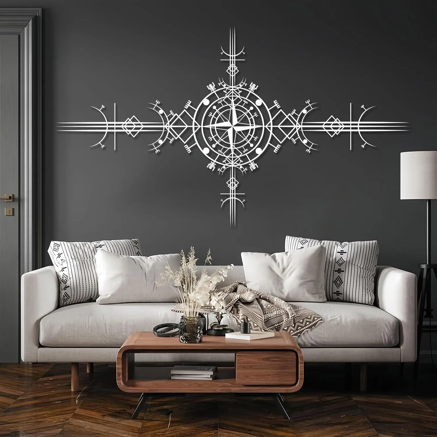 Viking Vegvisir Metal Wall Art, Viking Metal Wall Decor, Viking Symbol Metal Wall Hanging, Nautical Compass Metal Wall Art, Metal Compass Wall Decor, Icelandic Art, Old Norse Sign, Home Decor (33"x59"|85x150cm, Black)
