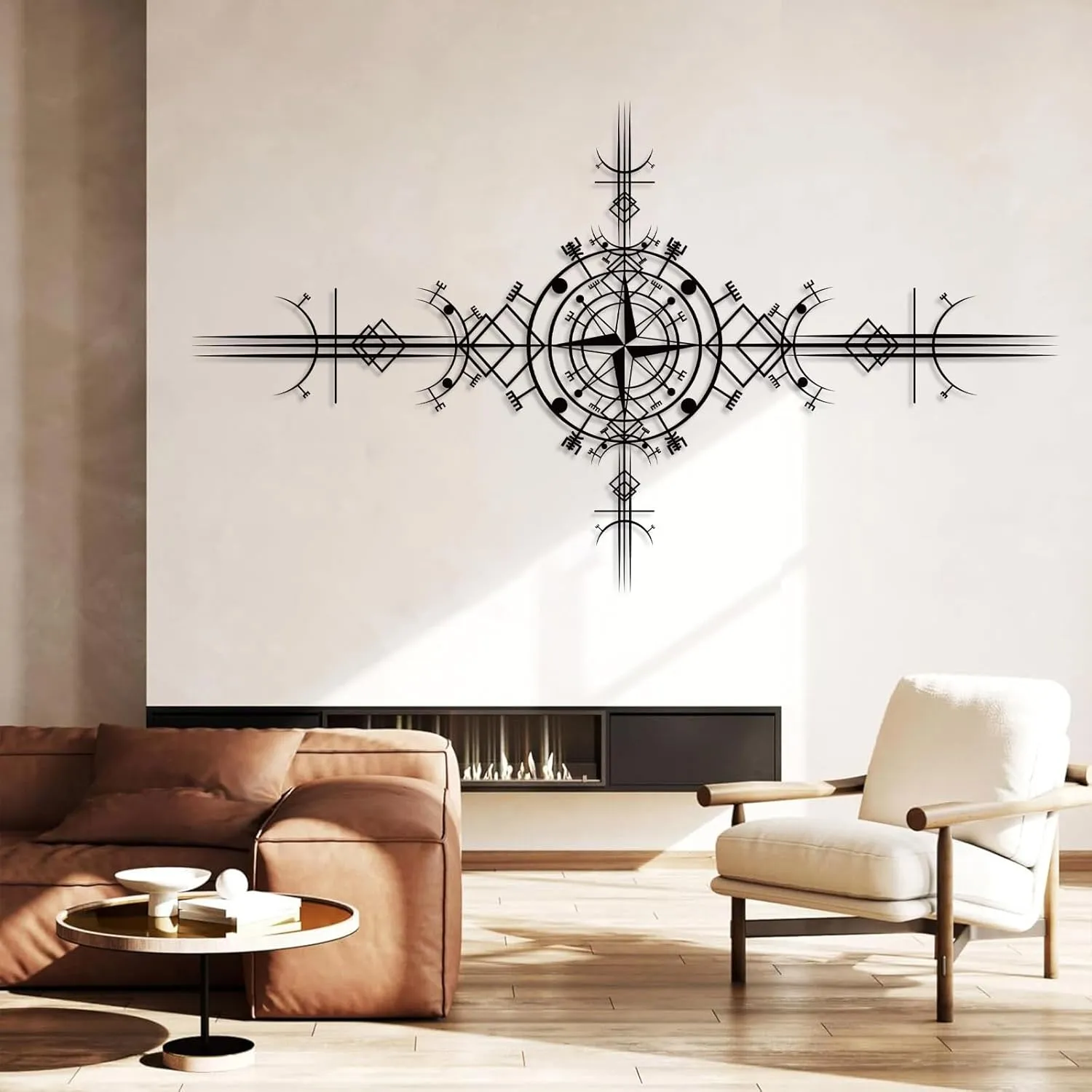 Viking Vegvisir Metal Wall Art, Viking Metal Wall Decor, Viking Symbol Metal Wall Hanging, Nautical Compass Metal Wall Art, Metal Compass Wall Decor, Icelandic Art, Old Norse Sign, Home Decor (33"x59"|85x150cm, Black)