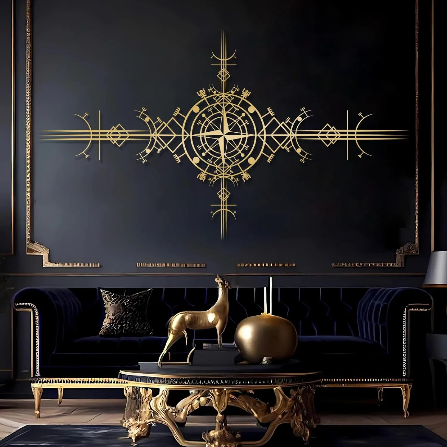 Viking Vegvisir Metal Wall Art, Viking Metal Wall Decor, Viking Symbol Metal Wall Hanging, Nautical Compass Metal Wall Art, Metal Compass Wall Decor, Icelandic Art, Old Norse Sign, Home Decor (33"x59"|85x150cm, Black)