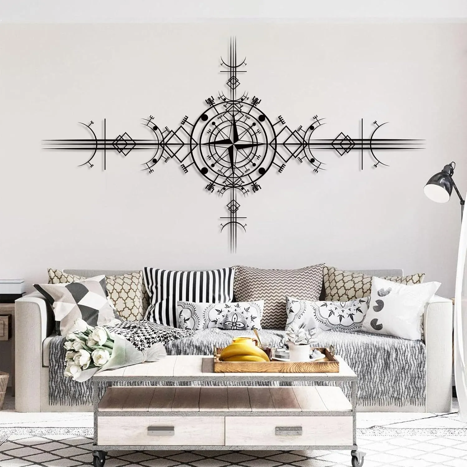 Viking Vegvisir Metal Wall Art, Viking Metal Wall Decor, Viking Symbol Metal Wall Hanging, Nautical Compass Metal Wall Art, Metal Compass Wall Decor, Icelandic Art, Old Norse Sign, Home Decor (33"x59"|85x150cm, Black)