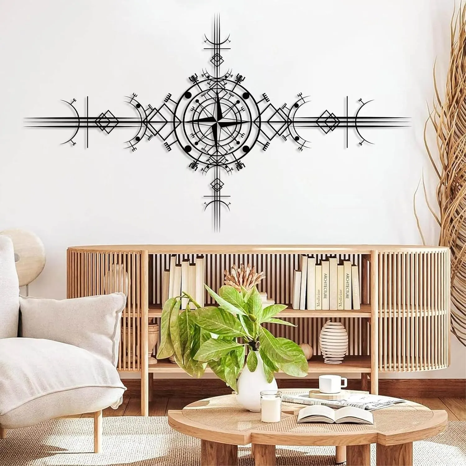 Viking Vegvisir Metal Wall Art, Viking Metal Wall Decor, Viking Symbol Metal Wall Hanging, Nautical Compass Metal Wall Art, Metal Compass Wall Decor, Icelandic Art, Old Norse Sign, Home Decor (33"x59"|85x150cm, Black)