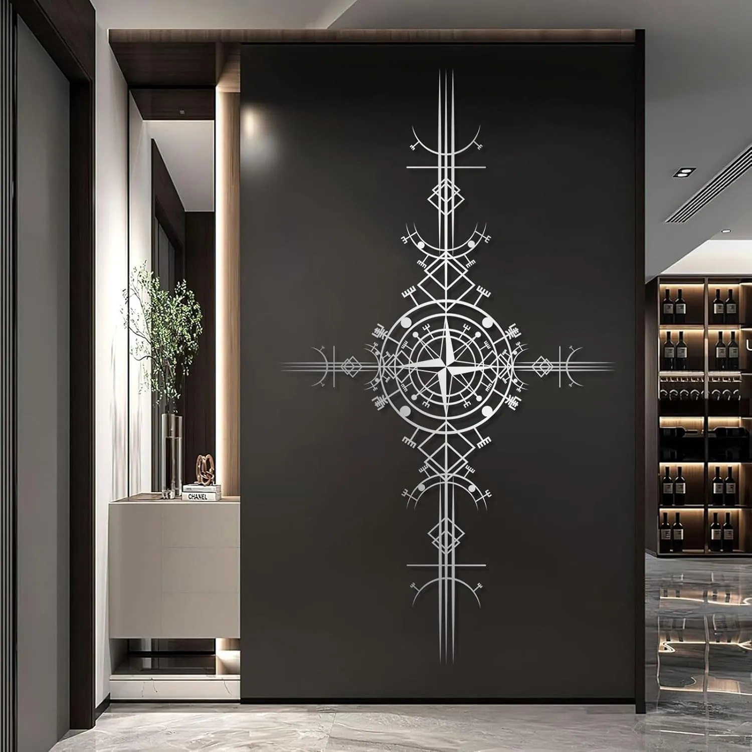 Viking Vegvisir Metal Wall Art, Viking Metal Wall Decor, Viking Symbol Metal Wall Hanging, Nautical Compass Metal Wall Art, Metal Compass Wall Decor, Icelandic Art, Old Norse Sign, Home Decor (33"x59"|85x150cm, Black)