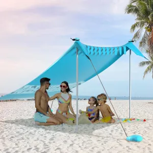 VILLEY Beach Tent Sun Shelter with UPF50  Protection for 5 Person, 8x7FT Portable Sun Shade with 2 Stability Poles and 4 Sandbags, Outdoor Beach Canopy for Camping, Picnics, Fishing, Outdoors(Blue)