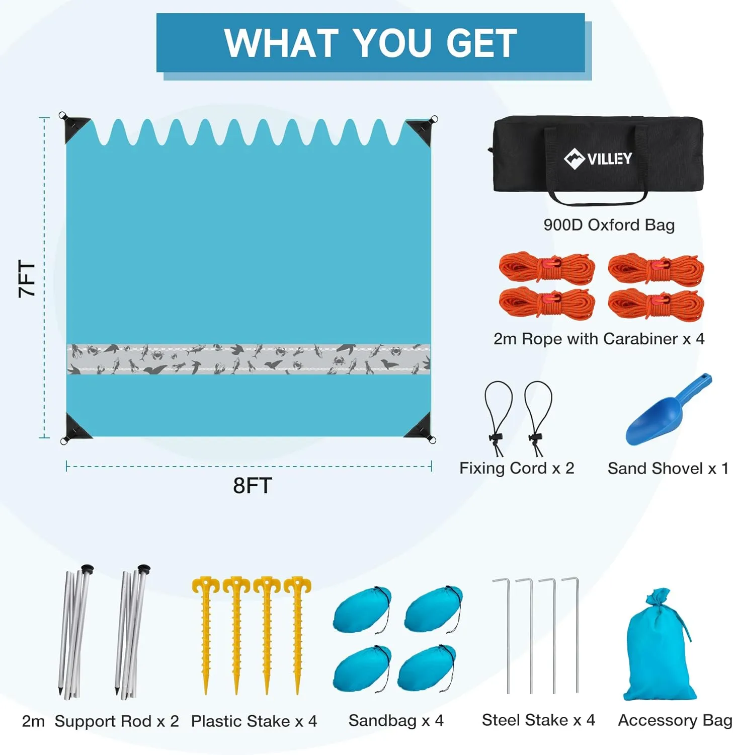 VILLEY Beach Tent Sun Shelter with UPF50  Protection for 5 Person, 8x7FT Portable Sun Shade with 2 Stability Poles and 4 Sandbags, Outdoor Beach Canopy for Camping, Picnics, Fishing, Outdoors(Blue)