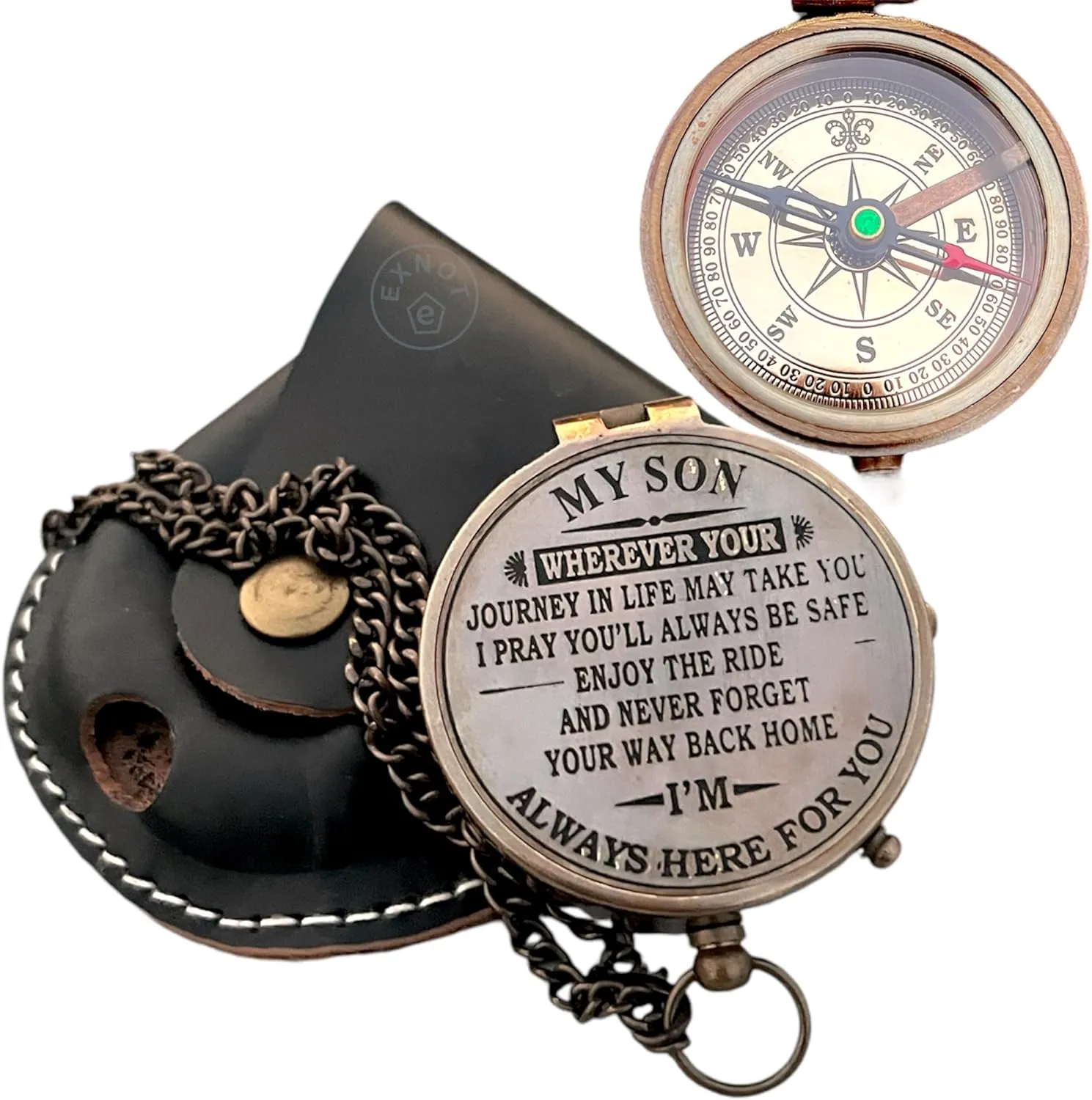Vintage Brass Compass with Leather Case - Engraved 'My Son, Love Mom Dad' - Inspirational Gift, Perfect for Birthdays, Graduations