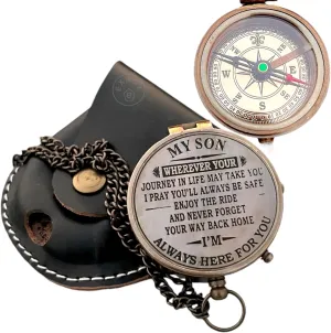 Vintage Brass Compass with Leather Case - Engraved 'My Son, Love Mom Dad' - Inspirational Gift, Perfect for Birthdays, Graduations