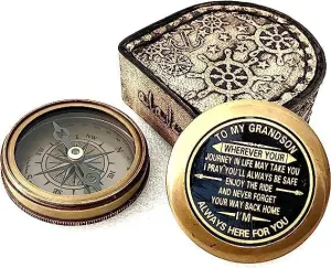Vintage Brass Compass with Leather Case, Portable Navigation Tool for Camping, Hiking, Travel by Royal Replica