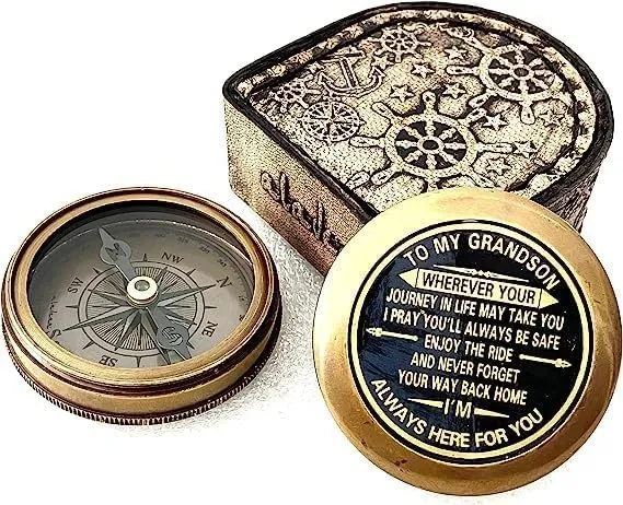 Vintage Brass Compass with Leather Case, Portable Navigation Tool for Camping, Hiking, Travel by Royal Replica