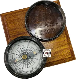 Vintage Brass Poem Compass with Wooden Box Antique Finish Robert Frost Poem Compass Maritime Nautical Gift, Engraved Gifts for Men with Famous Poet Quotes | Birthday Gifts for Men, Father to Son Gifts