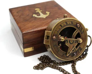 Vintage Brass Sundial Compass with Chain and Wooden Box, Nautical Navigation Tool, Antique Style Maritime Decor