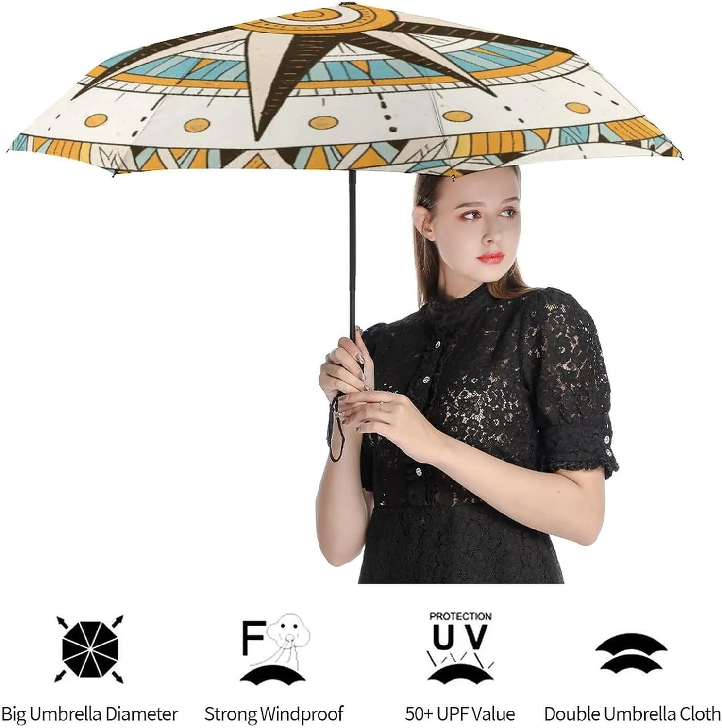 Vintage Compass Art Travel Sun & Rain Windproof Umbrella, Lightweight Portable Compact Travel Auto Folding Umbrella Golf Umbrellas for Kids Women Men