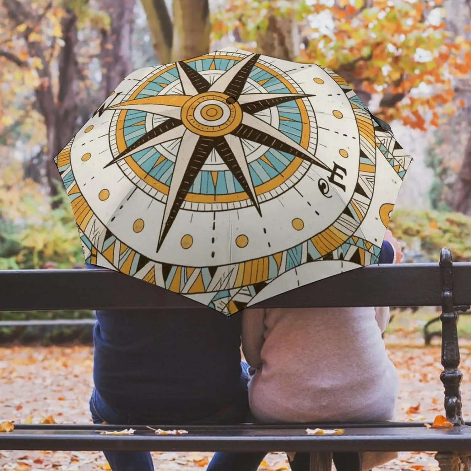 Vintage Compass Art Travel Sun & Rain Windproof Umbrella, Lightweight Portable Compact Travel Auto Folding Umbrella Golf Umbrellas for Kids Women Men