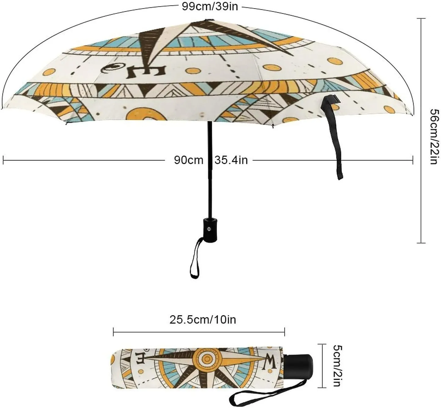 Vintage Compass Art Travel Sun & Rain Windproof Umbrella, Lightweight Portable Compact Travel Auto Folding Umbrella Golf Umbrellas for Kids Women Men