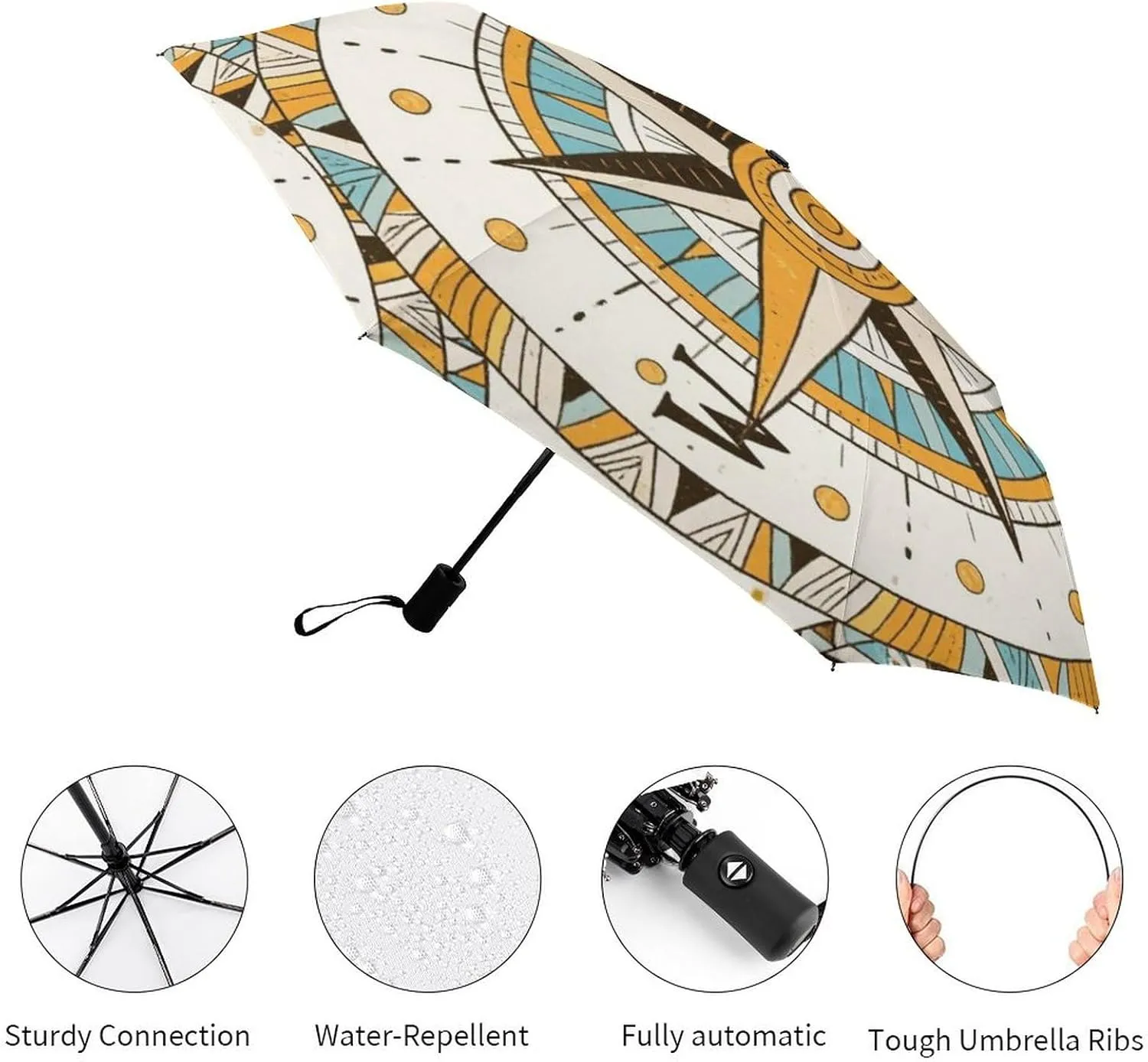Vintage Compass Art Travel Sun & Rain Windproof Umbrella, Lightweight Portable Compact Travel Auto Folding Umbrella Golf Umbrellas for Kids Women Men