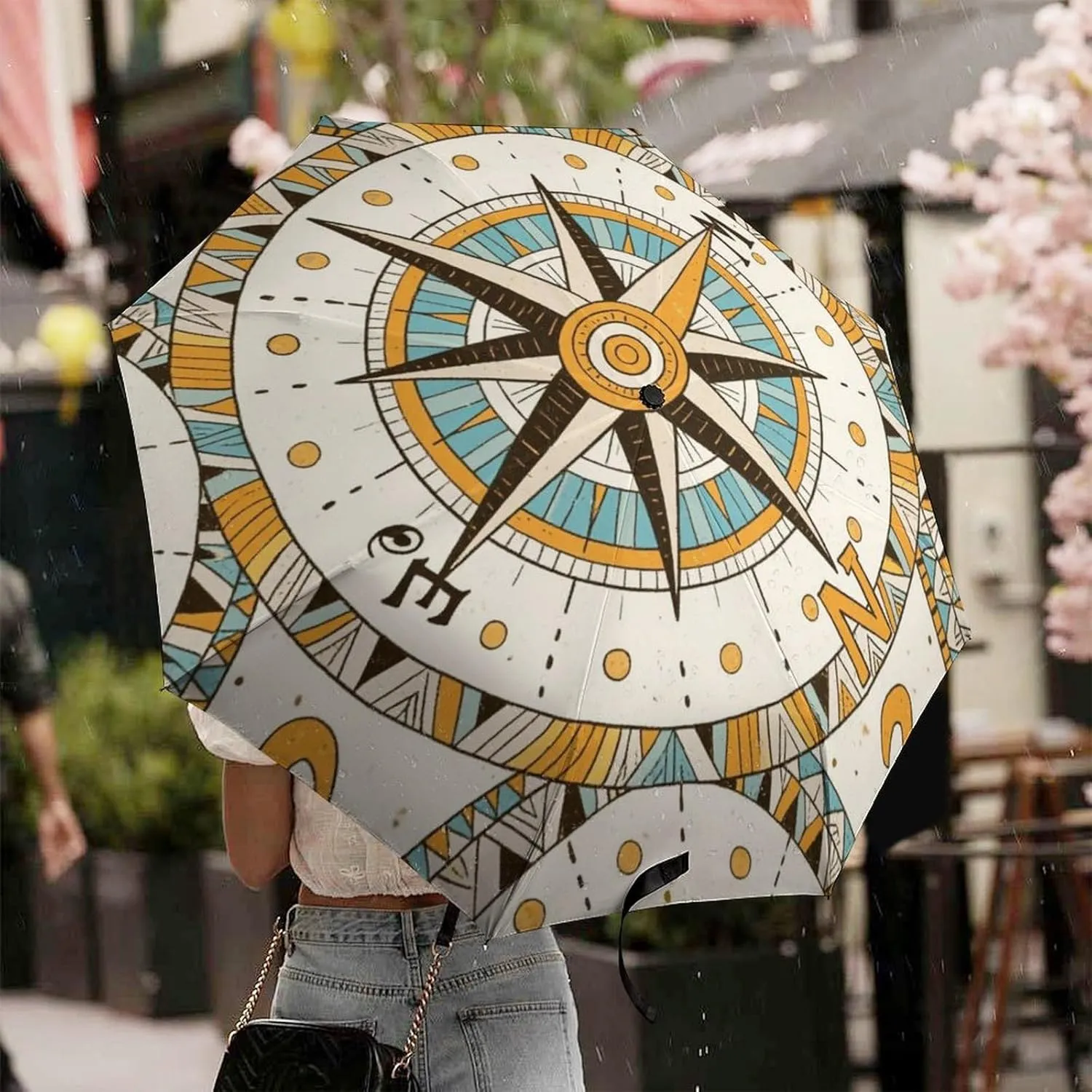 Vintage Compass Art Travel Sun & Rain Windproof Umbrella, Lightweight Portable Compact Travel Auto Folding Umbrella Golf Umbrellas for Kids Women Men