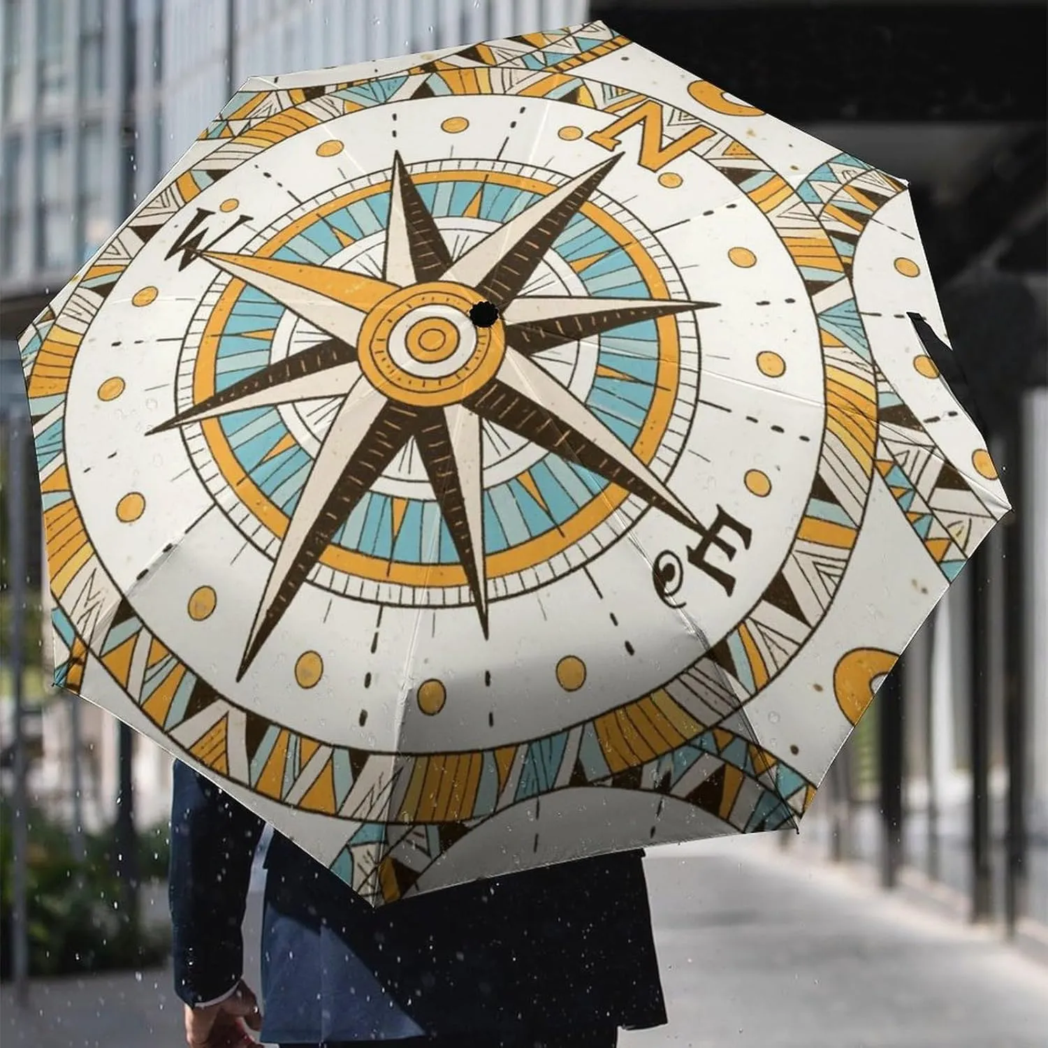 Vintage Compass Art Travel Sun & Rain Windproof Umbrella, Lightweight Portable Compact Travel Auto Folding Umbrella Golf Umbrellas for Kids Women Men