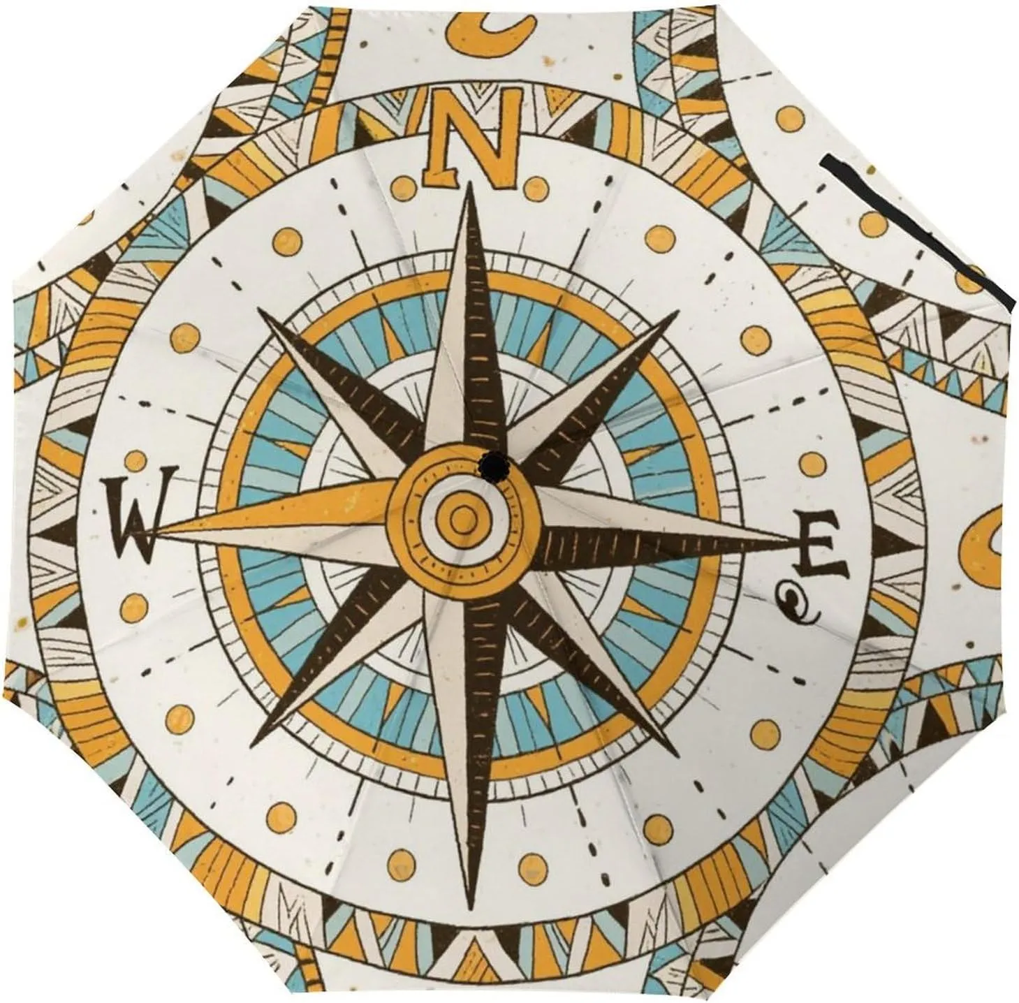 Vintage Compass Art Travel Sun & Rain Windproof Umbrella, Lightweight Portable Compact Travel Auto Folding Umbrella Golf Umbrellas for Kids Women Men